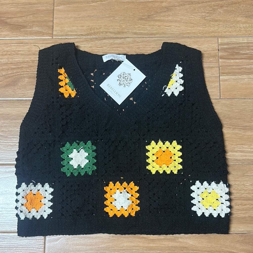 Rebellion Black Crochet Vest with Vibrant Accents